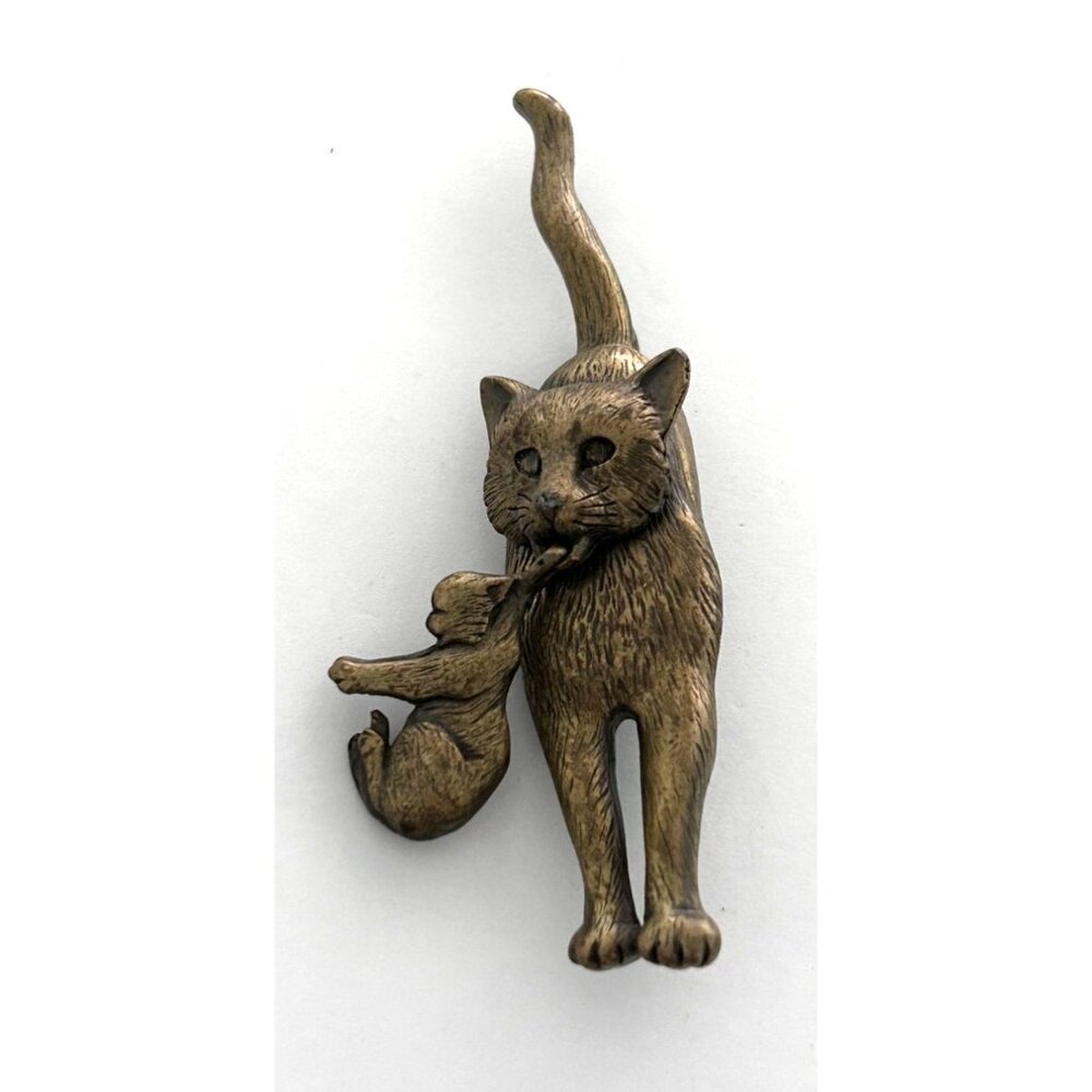 Vintage JJ Jonette Bronze Colored Mama Cat Kitten Dangle Pin Brooch